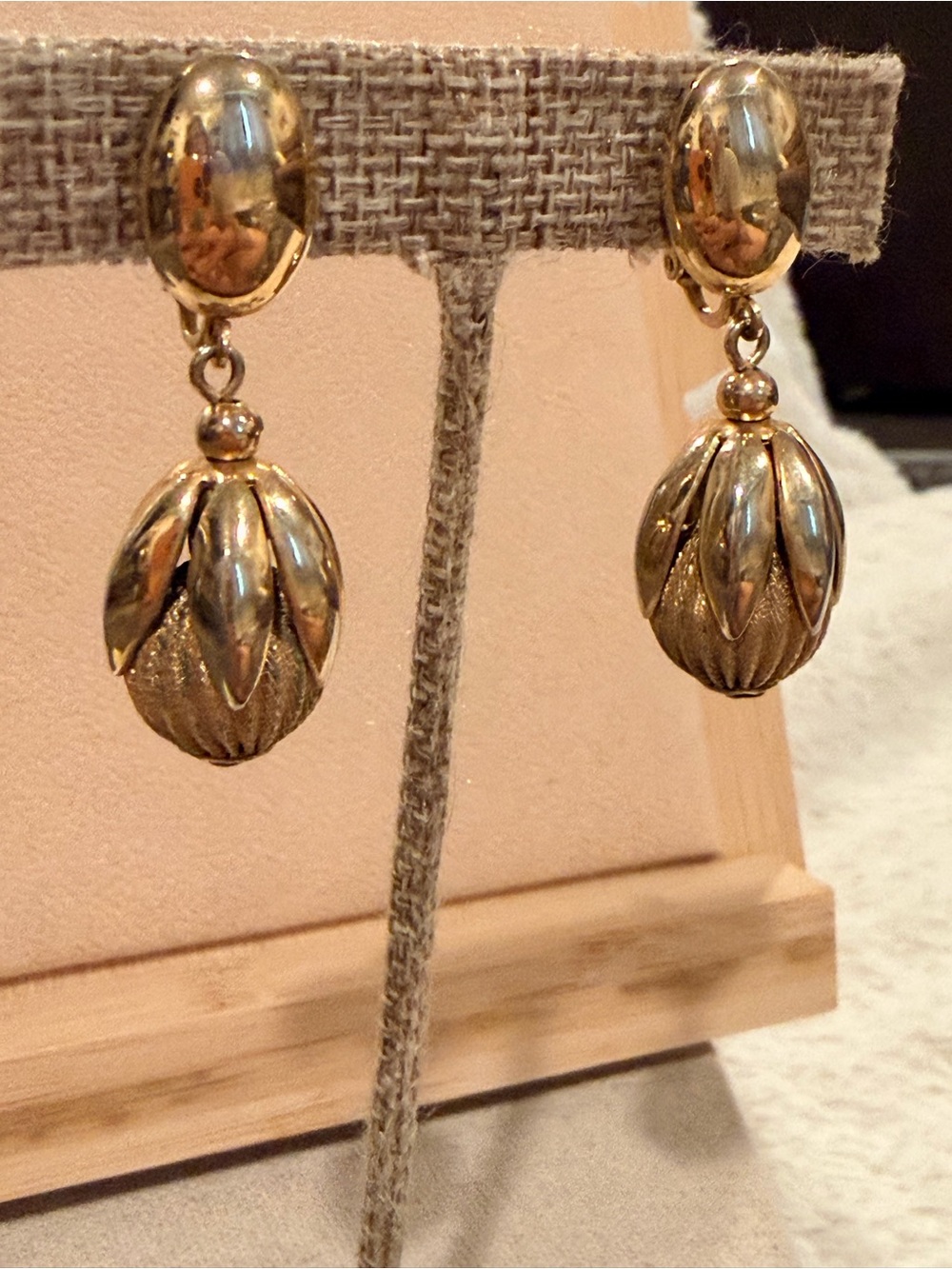 vintage gold-tone statement flower pod clip-on earrings